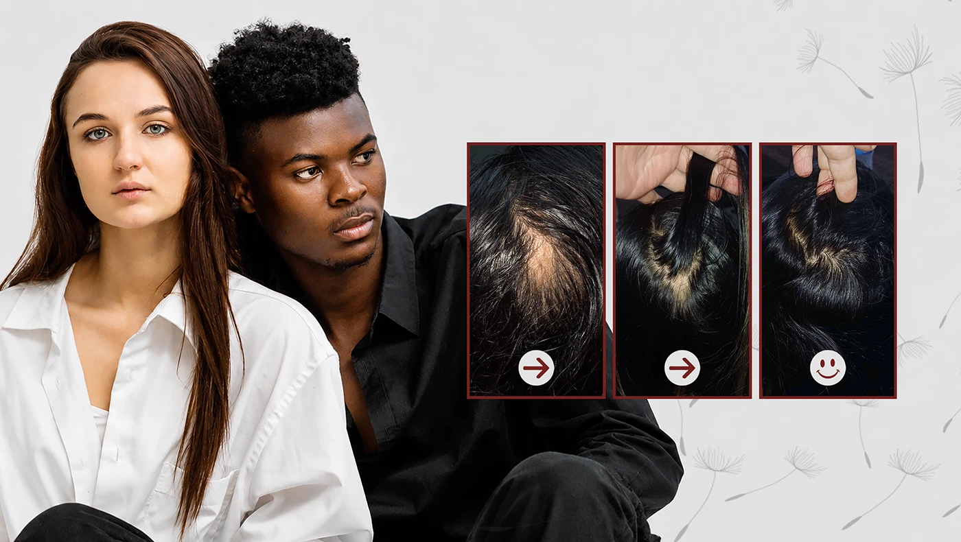Hair restoration clinic banner Grace Follicles Durban Umhlanga Johannesburg Sandton before and after hair loss treatment results for men and women regrow hair regain confidence