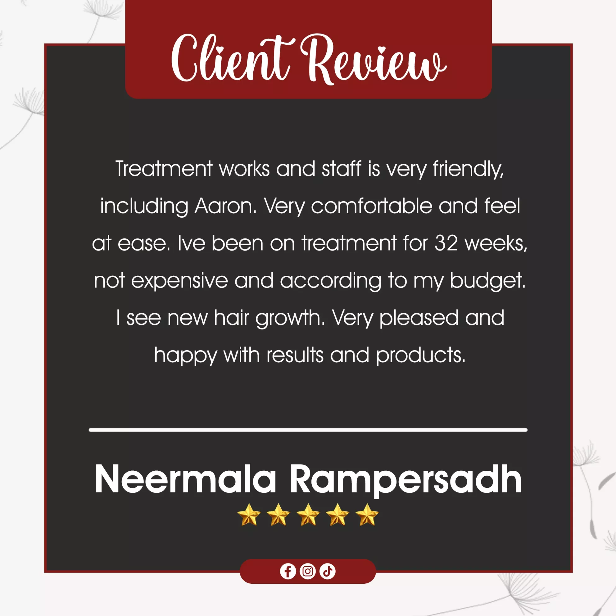 hair growth treatment testimonial Grace Follicles Durban Johannesburg hair loss clinic review laser therapy results new hair growth affordable treatment South Africa