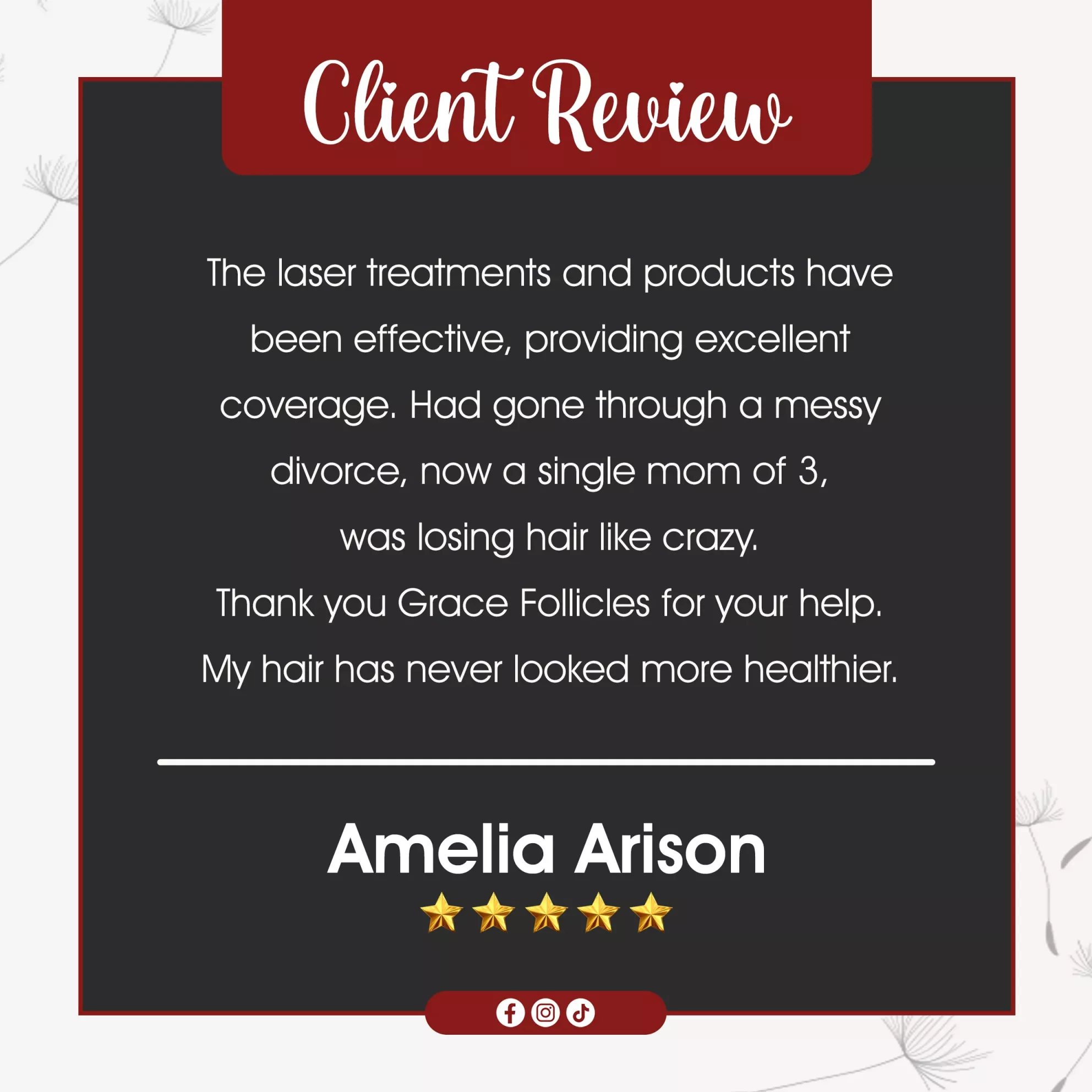 client review hair loss treatment Grace Follicles Durban Johannesburg laser therapy results testimonial hair regrowth success story South Africa